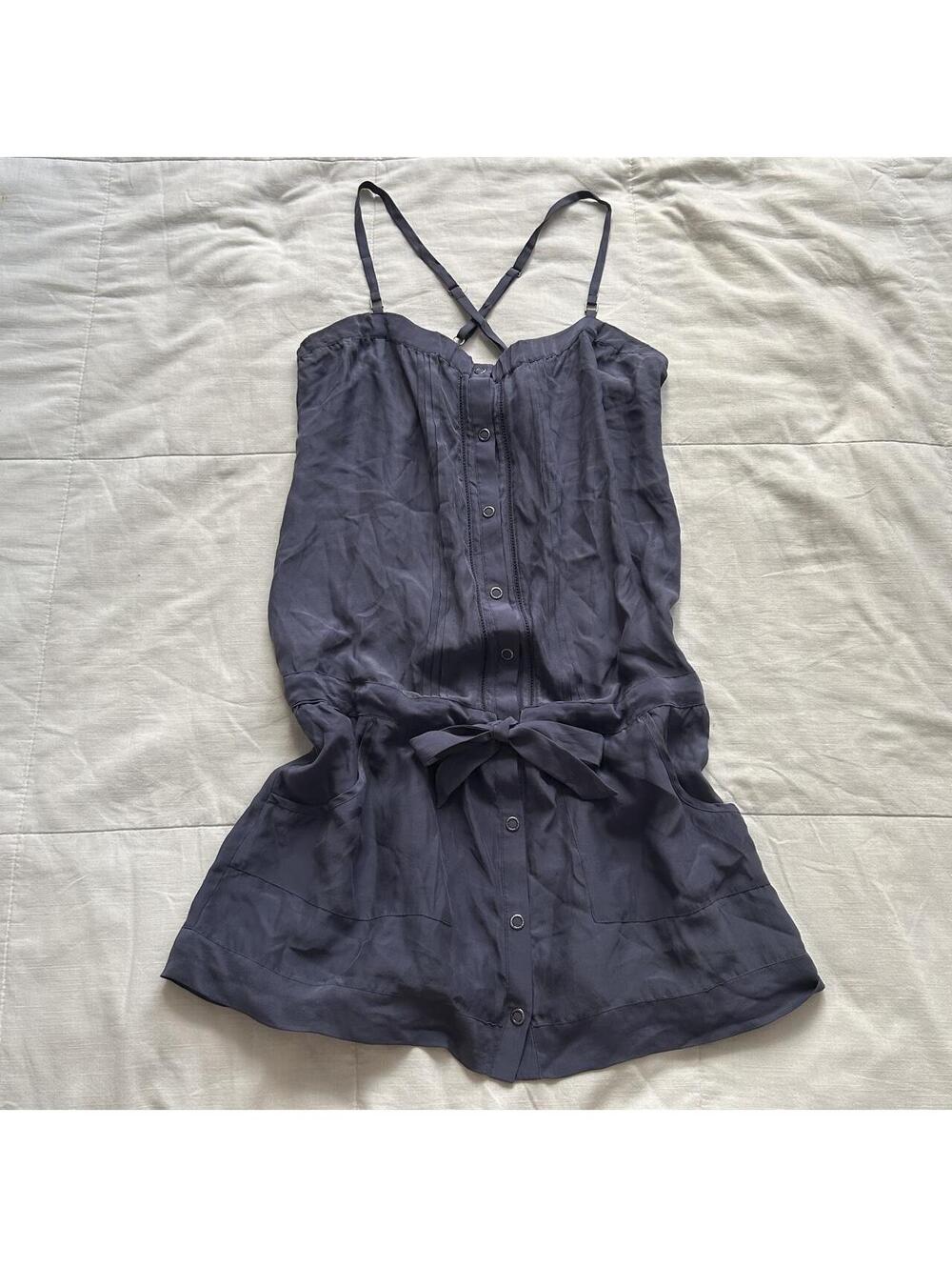 Guess Purple Gray Silk Drop Waist Dress Corset Pintuck Bow Snap Front